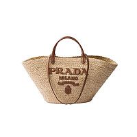 PRADA-1BG470 프라다 베이지/화이트 라지 라피아 가죽 쇼핑백