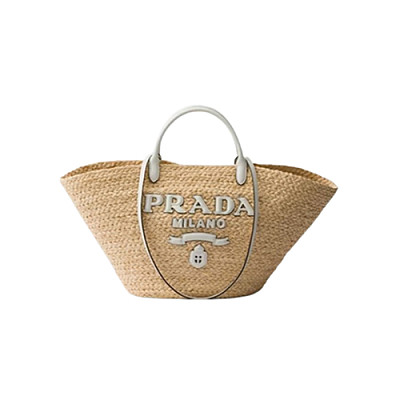 PRADA-1BG470 프라다 베이지/코냑 라지 라피아 가죽 쇼핑백