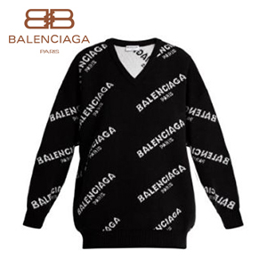 BALENCIAGA 발렌시아가 올 오버 로고 V닉 블랙 스웨터 여성용