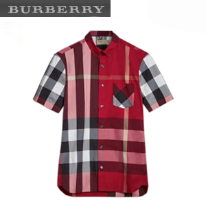 [스페셜오더]BURBERRY-40458371 버버리 쇼트 슬리브 체크 스트레치 네이비 코튼 블렌드 셔츠