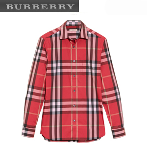 BURBERRY-45575981 버버리 체크 스트레치 카멜 코튼 셔츠 남성용